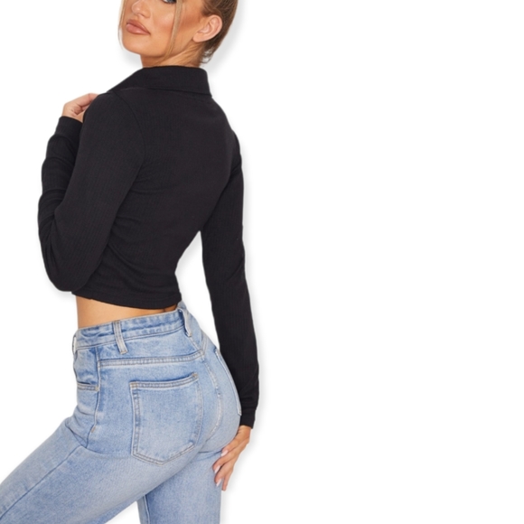 Black Jumbo Rib Collar Double Zip Top - Picture 4 of 5